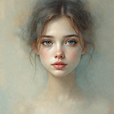 The primary subject of the image is a woman with long hair, who is looking at the camera. She has a pink lipstick on her lips, and her eyes are blue. The setting is a blurry background, which adds a sense of depth and focus to the woman's face. The visual style is a painting, which gives the image a more artistic and detailed appearance. The colors and mood of the image are warm and inviting, with the woman's blue eyes and pink lipstick creating a